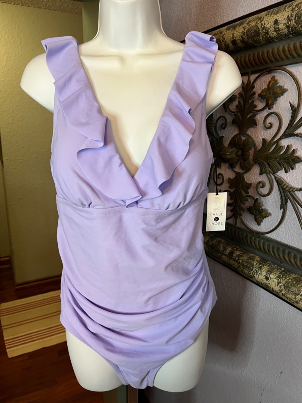 NWT Shade & Shore Lavender Ruffle V-Neck Swimsuit- 1 piece- Sz 14